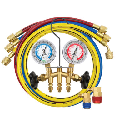 66660A <br />R134a 2-WAY BRASS MANIFOLD GAUGE SET WITH CONVERSION HOSES AND ECONOMY COUPLERS