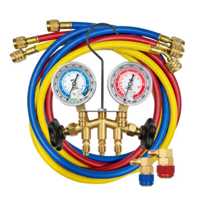 66661A <br />R134a 2-WAY BRASS MANIFOLD GAUGE SET WITH 3-60" CONVERSION HOSES AND ECONOMY COUPLERS