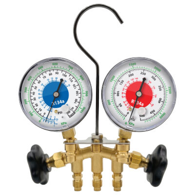 81113A <br />R134a 2-WAY BRASS MANIFOLD WITH 3 1/8" GAUGES ONLY