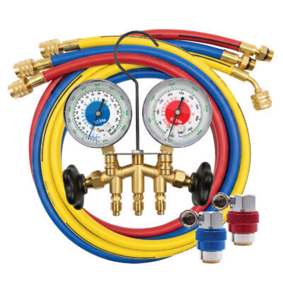 R134a 2-WAY BRASS MANIFOLD GAUGE SET WITH E-Z SNAP™ COUPLERS (3 1/8" GAUGES)