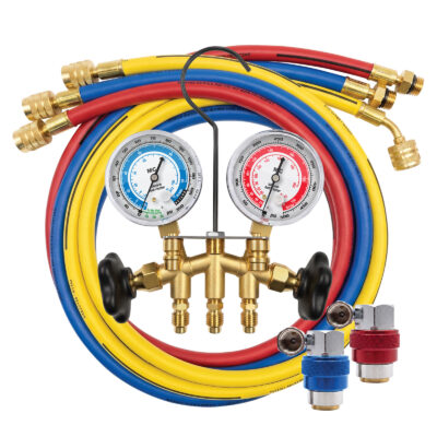 R134a 2-WAY BRASS MANIFOLD GAUGE SET WITH E-Z SNAP™ COUPLERS (2 1/2" GAUGES)