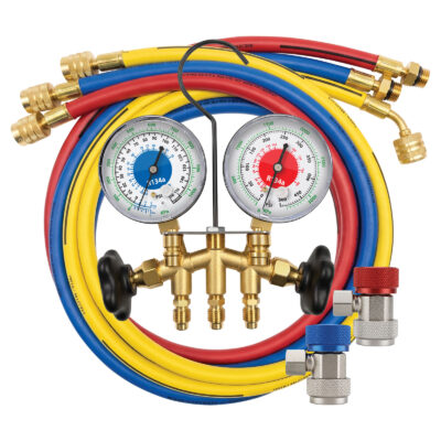 R134a 2-WAY BRASS MANIFOLD GAUGE SET WITH MANUAL COUPLERS (3 1/8" GAUGES)