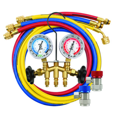 R134a 2-WAY BRASS MANIFOLD GAUGE SETS WITH MANUAL COUPLERS (2 1/2" GAUGES)